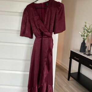 Lulus Maroon Satin-effect Wrap Dress Cocktail